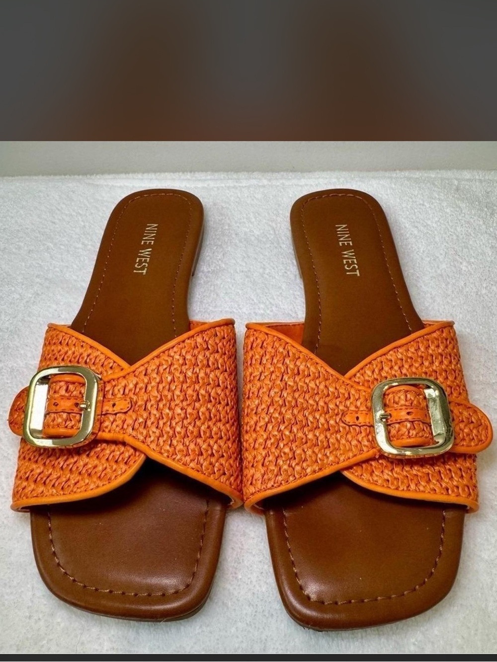 Nine West Orange Woven Buckle Qutien Slide Sandals